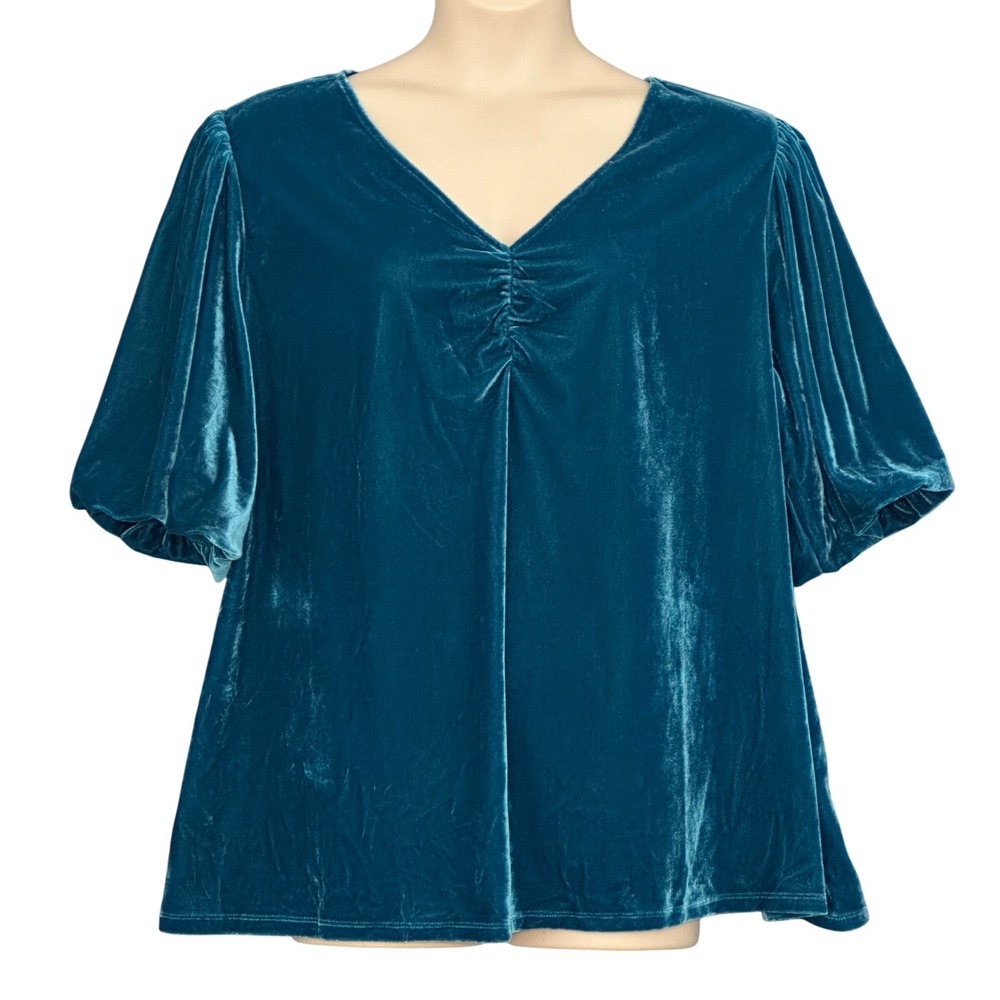 Teal Velvet Womens Top Plus 26 Ruched Puff‎ Sleeve Cocktail Holiday Whimsigoth